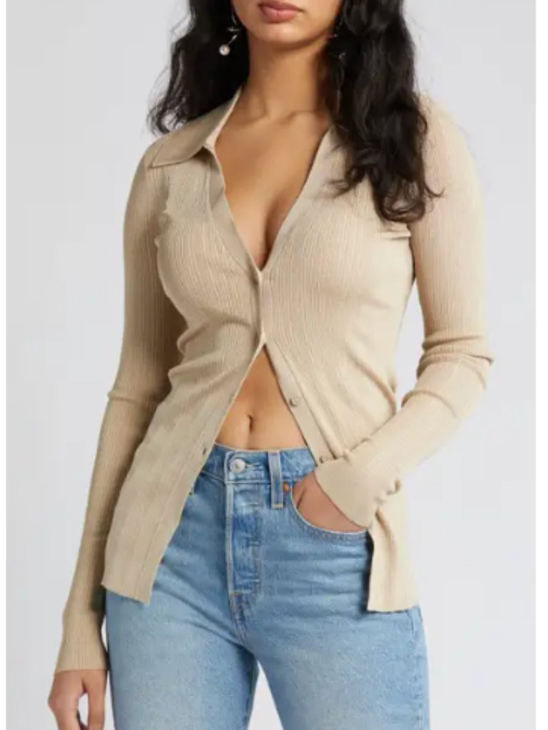 Open Edit Collared Rib Sweater Cardigan